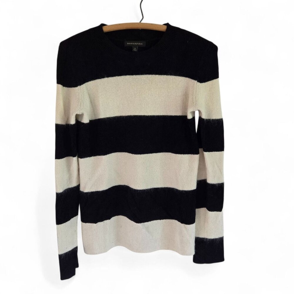 Banana Republic Womens Striped Mohair Blend Sweater Small Navy & Ivory Crew Neck